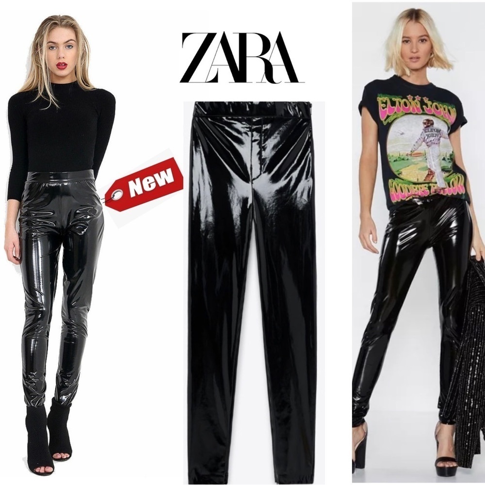 Zara black vinyl high-rise leggings skinny pants Sz XL NWT